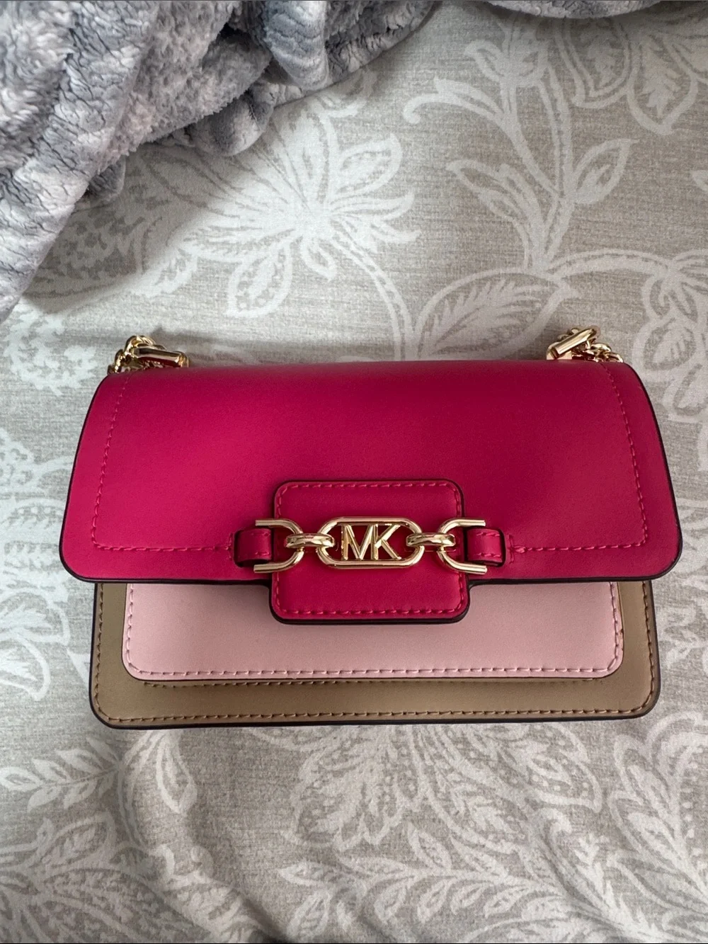 Michael Kors Colorblock Leather Crossbody in Fuchsia, Blush & Tan